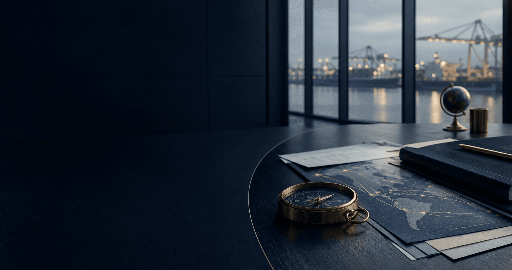 Executive trade coordination setting with documents, logistics context, and muted gold instruments